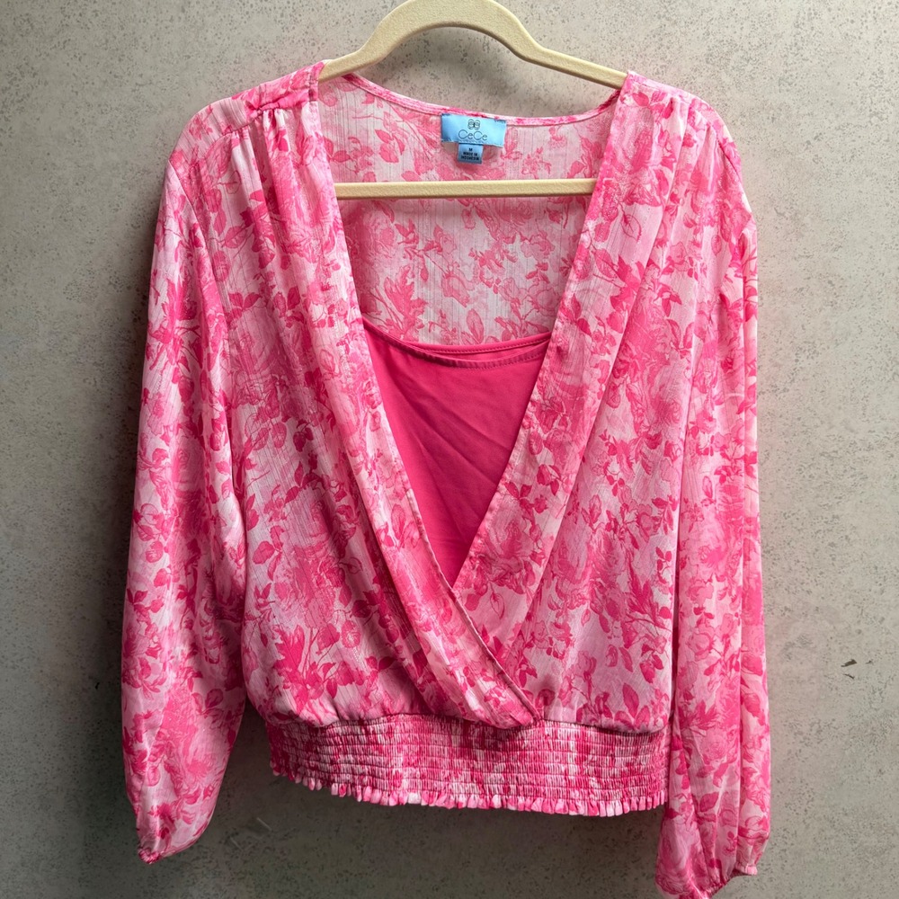 CeCe Medium Womens Pink Floral Print Long Sleeve Tank Boho Party‎ Sheer Blouse